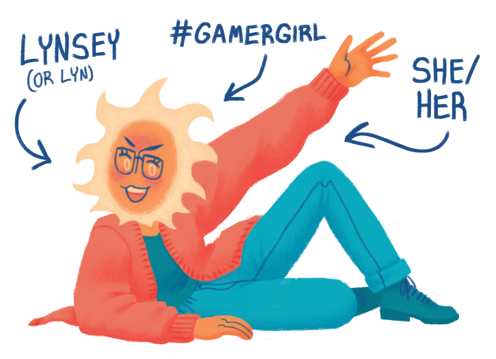 A drawing of Lynslayer's persona (a woman with a sun for a head). Additional information written in the image includes "Lynsey (or Lyn)", "#GamerGirl", and "she/her".
